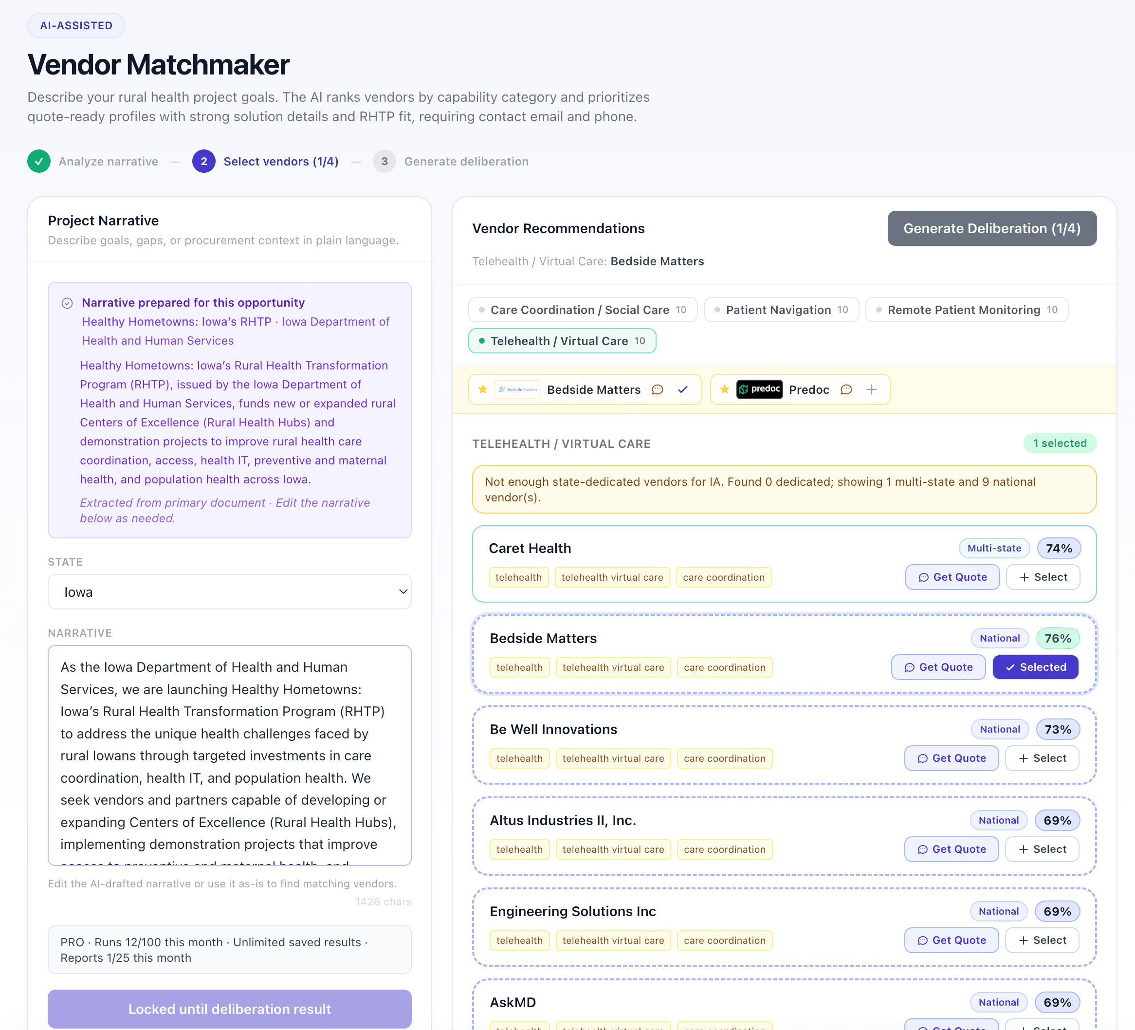 Vendor Matchmaker showing a project narrative input and ranked vendor results by category